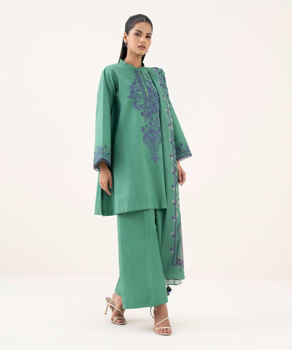 Women's Unstitched Light Khaddar Embroidered Green 3 Piece Suit