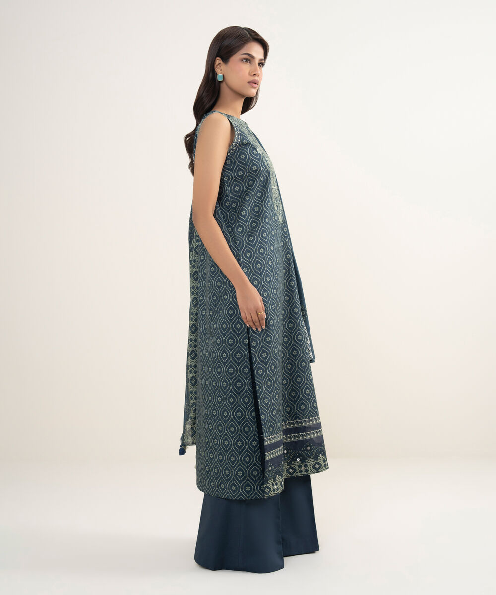 Women's Unstitched Lawn Embroidered Blue 3 Piece Suit