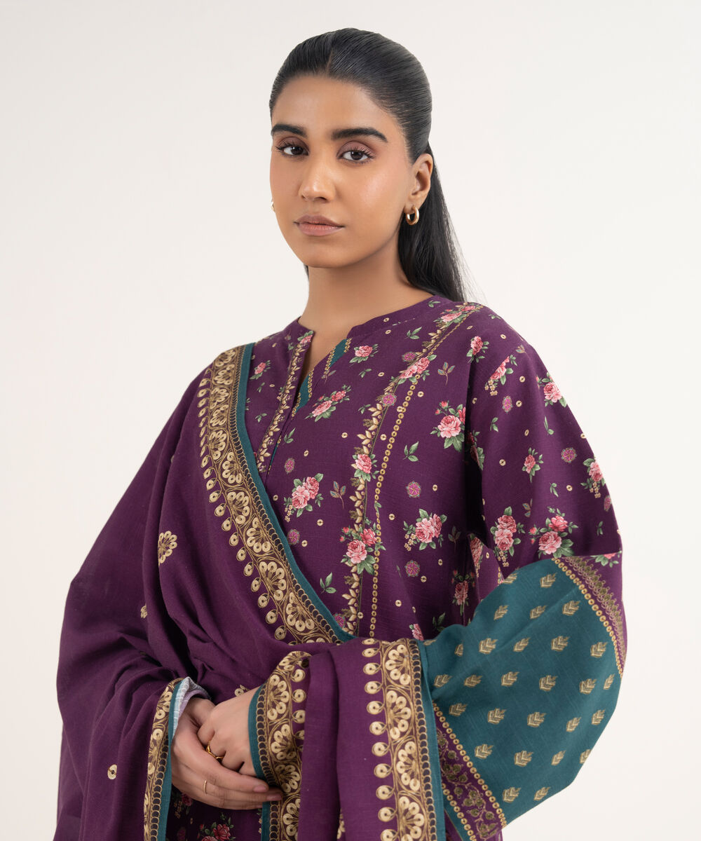 Women's Unstitched Light Khaddar Printed Purple 3 Piece Suit