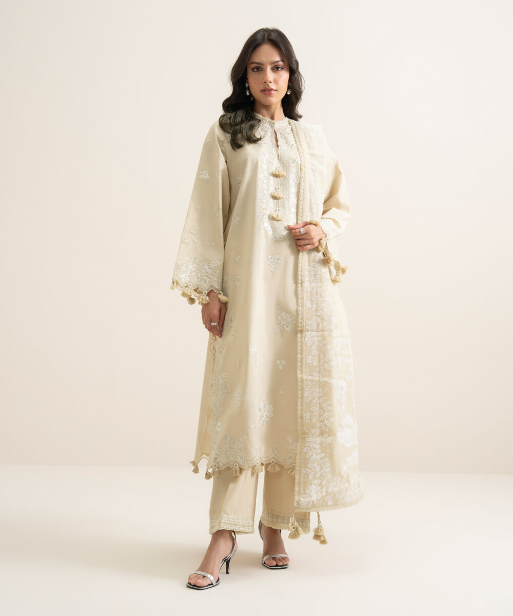 Women's Unstitched Lawn Embroidered Off White