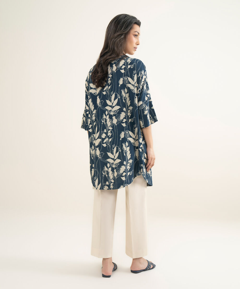 Women's RTW Arabic Cambric Printed Blue Drop Shoulder Shirt