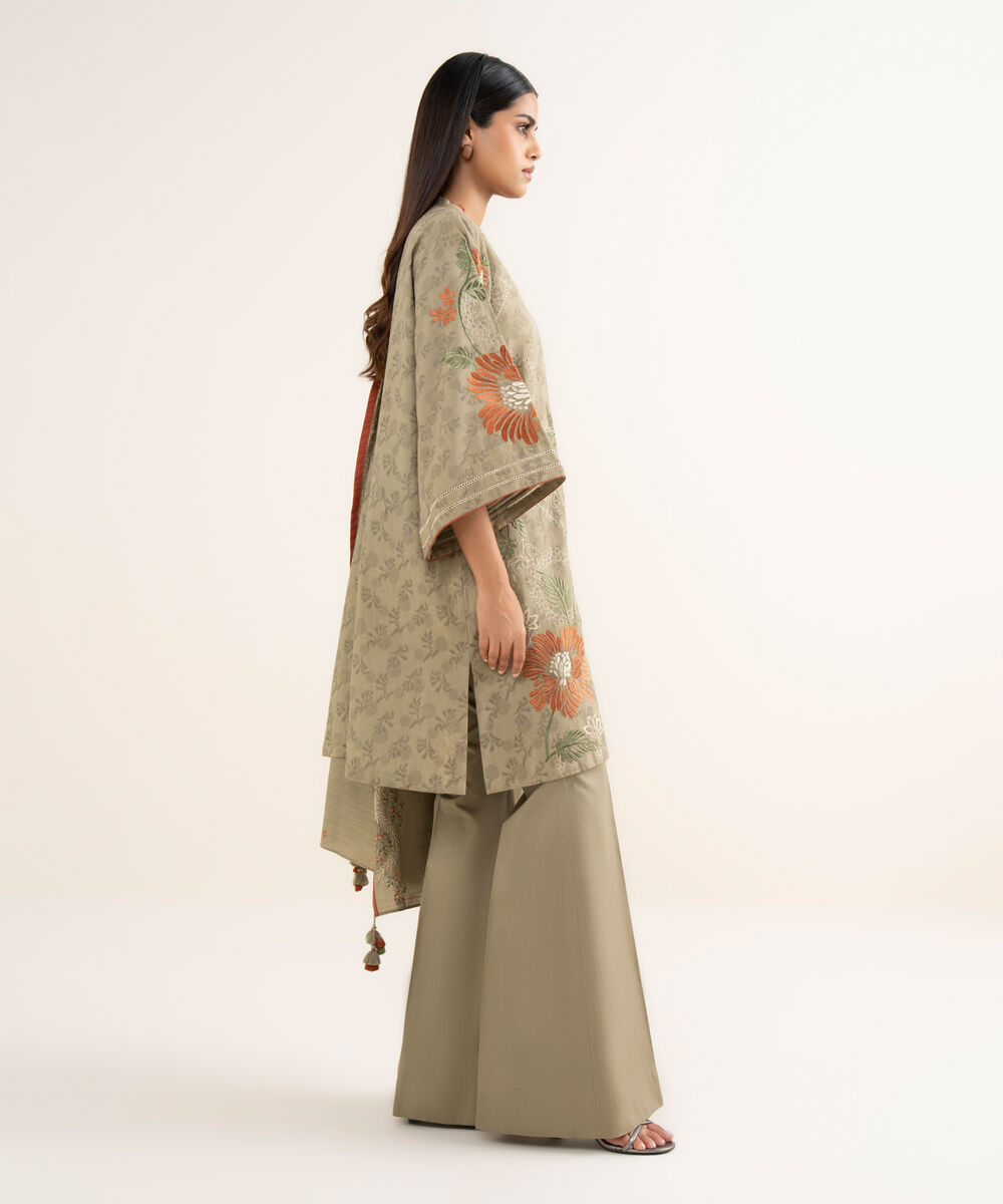 Women's Unstitched Cotton Jacquard Embroidered Beige 3 Piece Suit