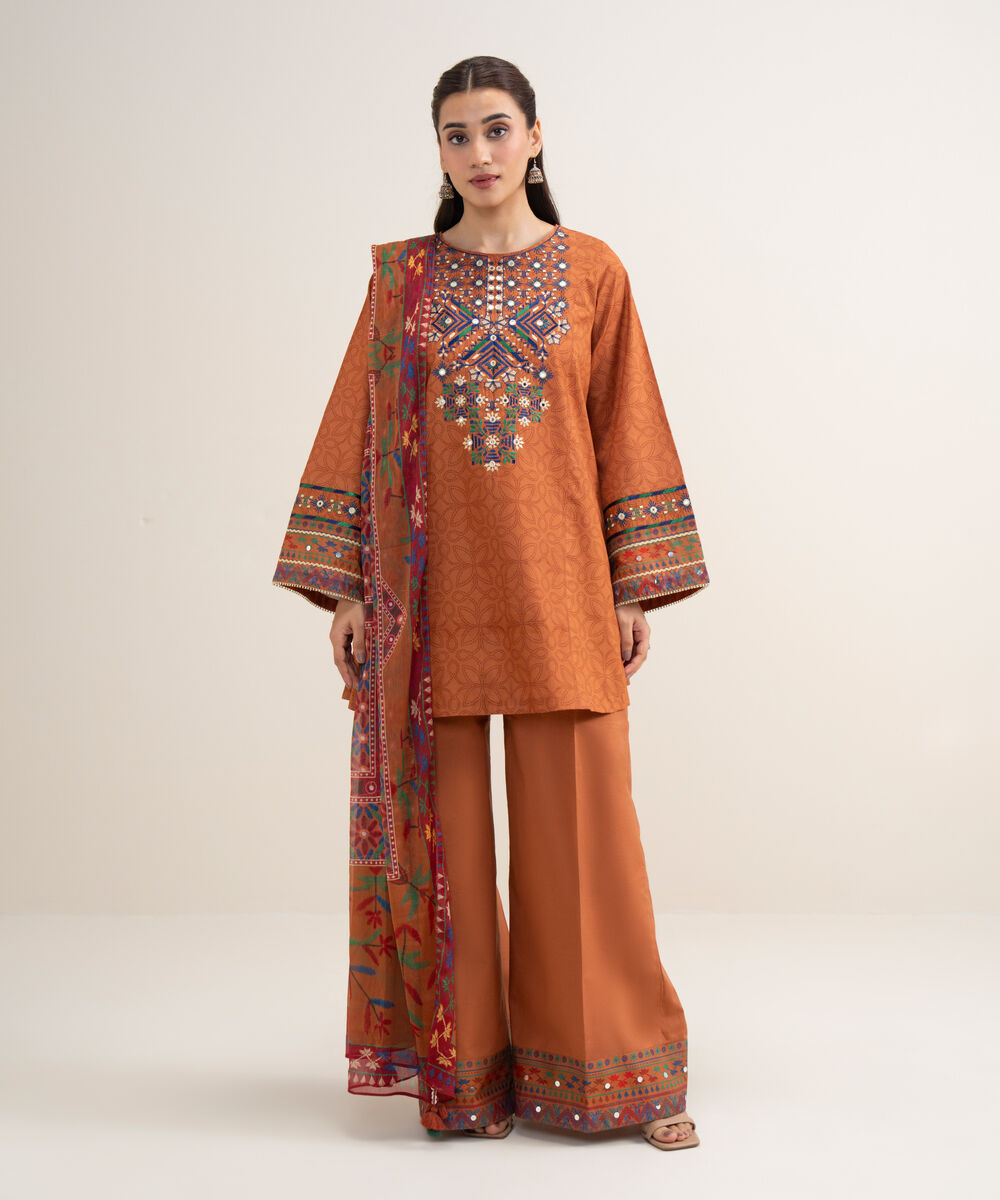 Women's Unstitched Lawn Embroidered Mustard 3 Piece Suit