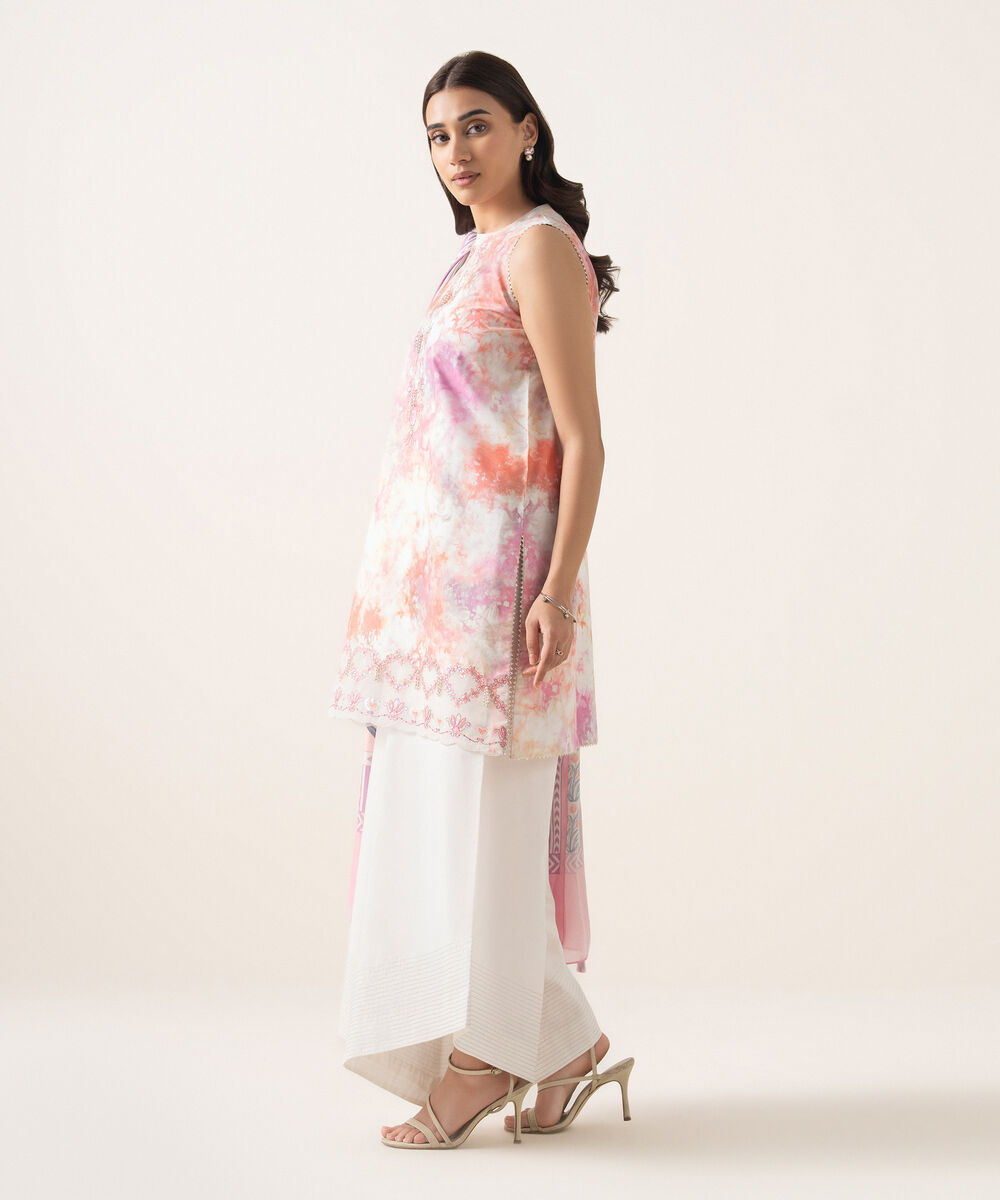 Women's Unstitched Textured Lawn Embroidered Pink 3 Piece Suit