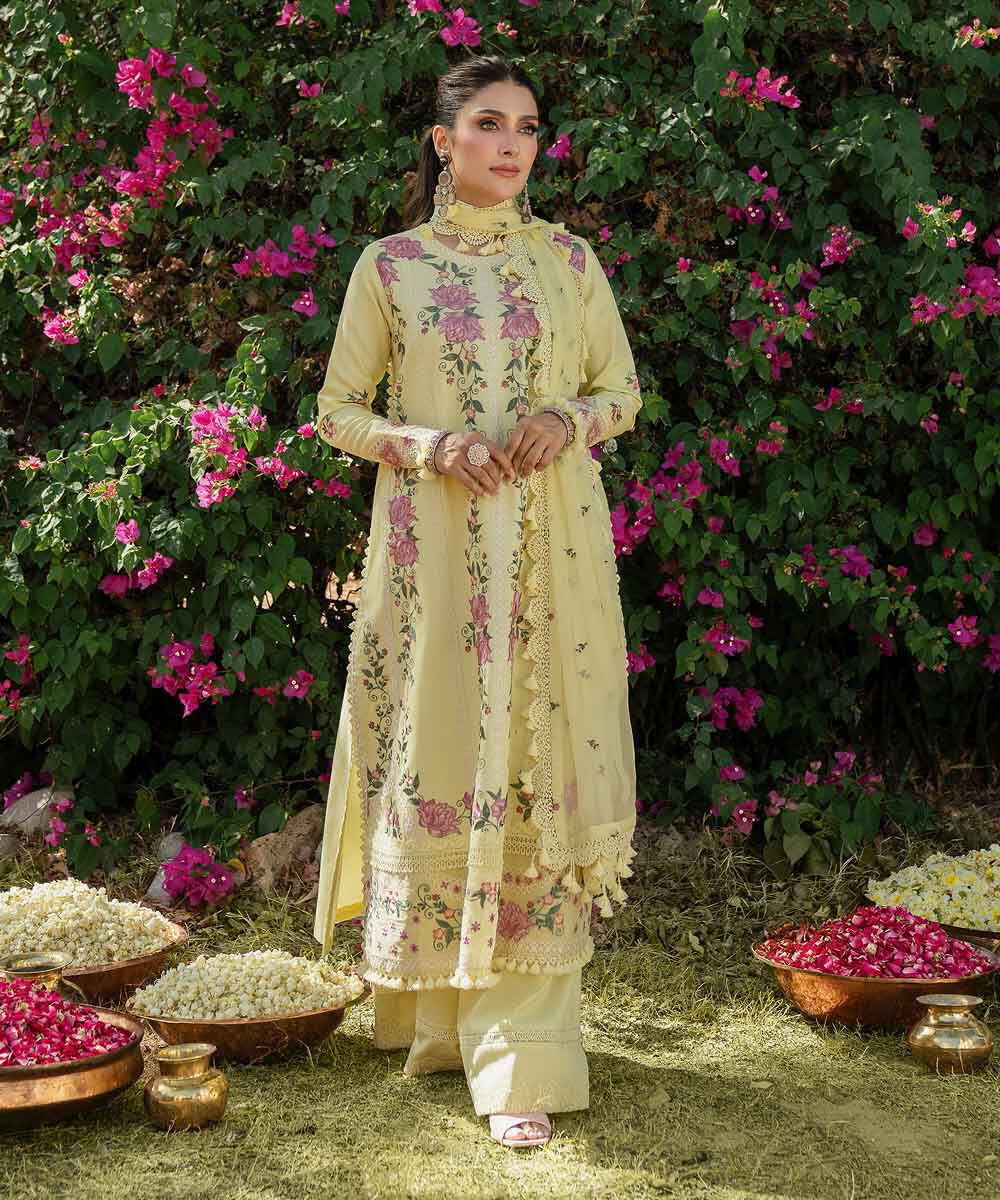 3 Piece - Embroidered Cotton Satin Suit Unstitched Women's Yellow Cotton Satin 3 Piece Suit