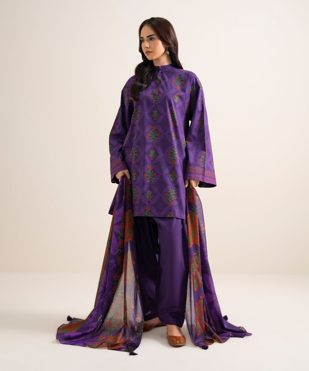 Women's Unstitched Printed Lawn Purple 3 Piece Suit