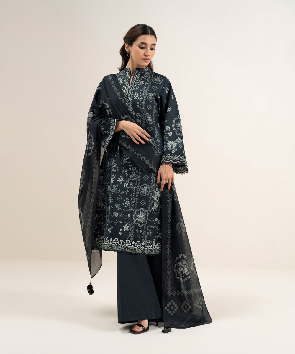 Women's Unstitched Lawn Embroidered Black and Grey 3 Piece Suit
