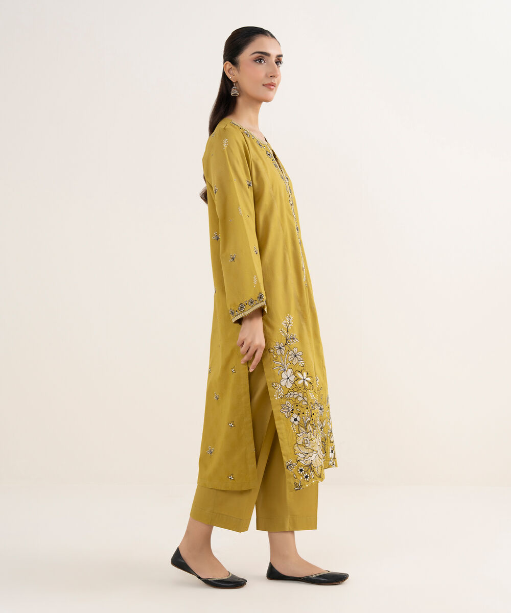 Women's RTW Self Jacquard Leno Embroidered Yellow A-Line Shirt