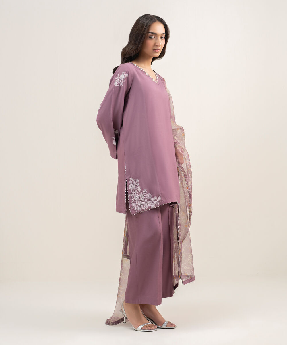 Women's RTW Viscose Raw Silk Embroidered Mauve 3 Piece Suit