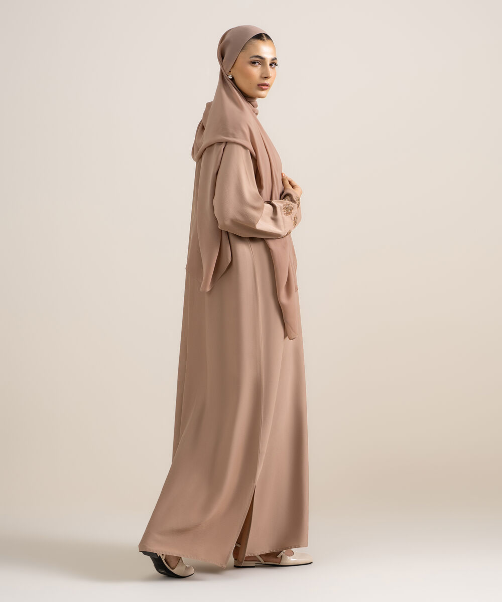 Women's Rose Brown Embellished Abaya Set