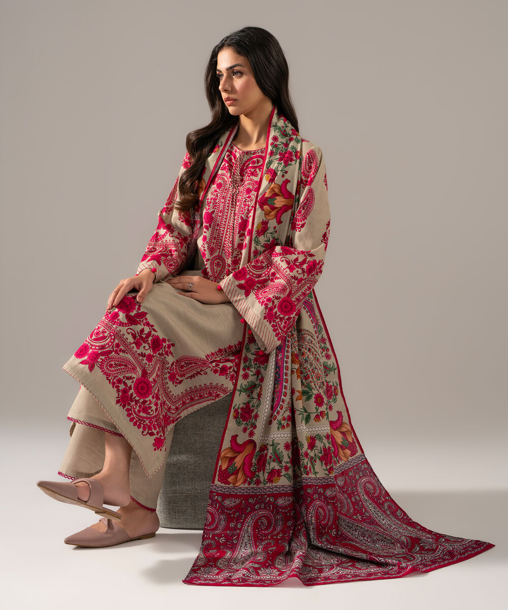 Women's RTW Khaddar Printed Beige 3 Piece Suit