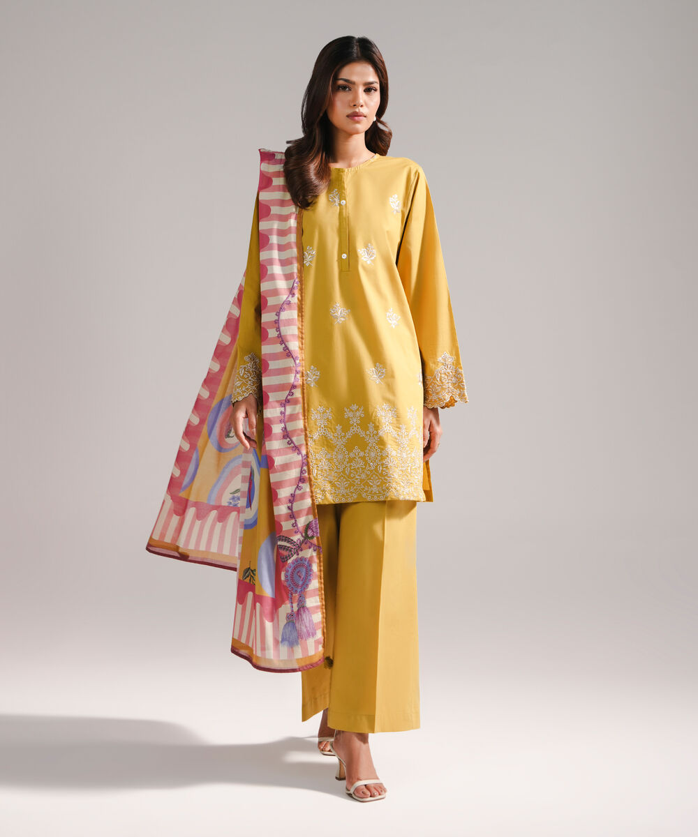 Women's RTW Lawn Embroidered Yellow 3 Piece Suit