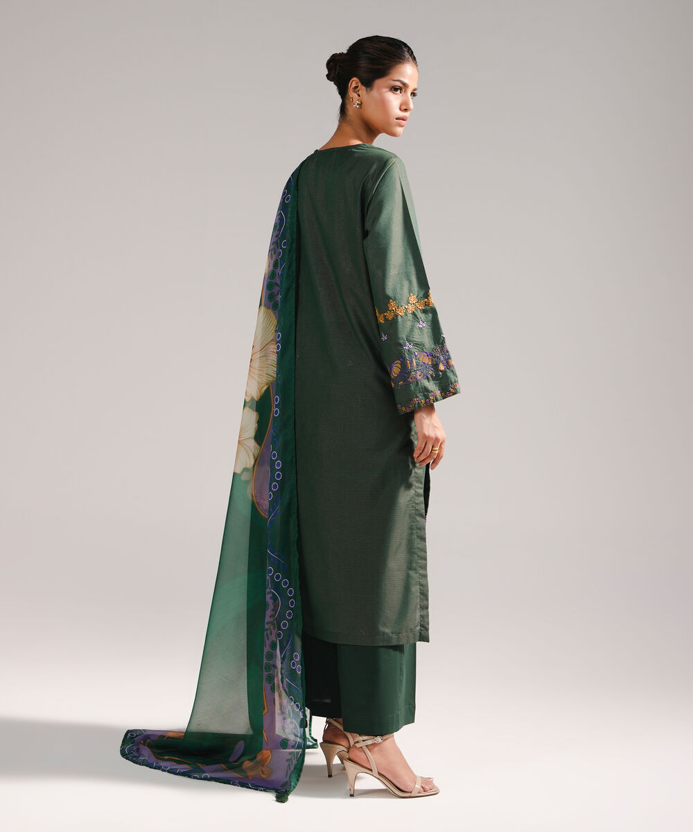 Women's RTW Zari Lawn Embroidered Dark Green 3 Piece Suit