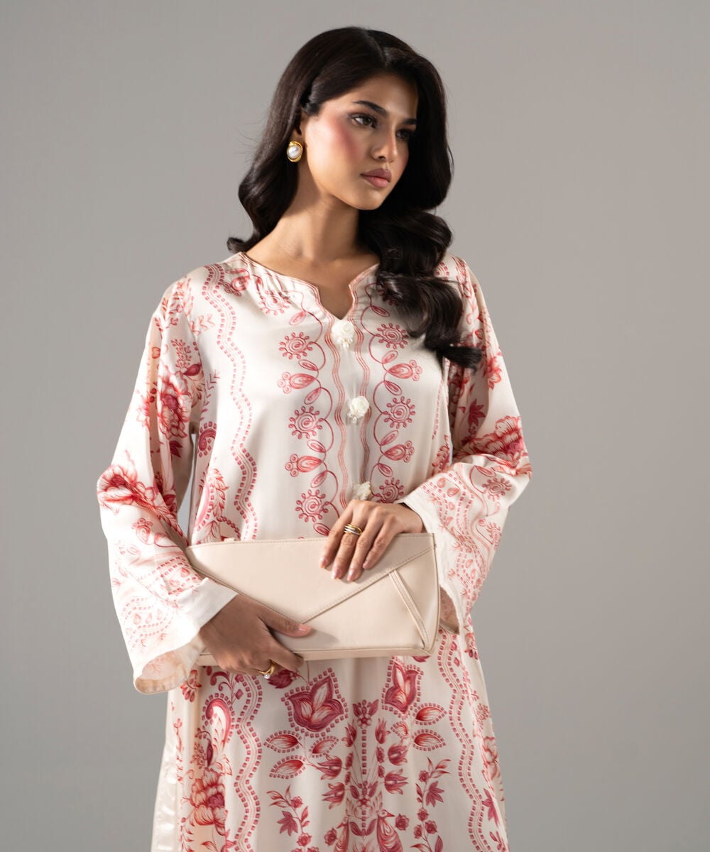 Women's RTW Viscose Raw Silk Printed Beige 2 Piece Suit