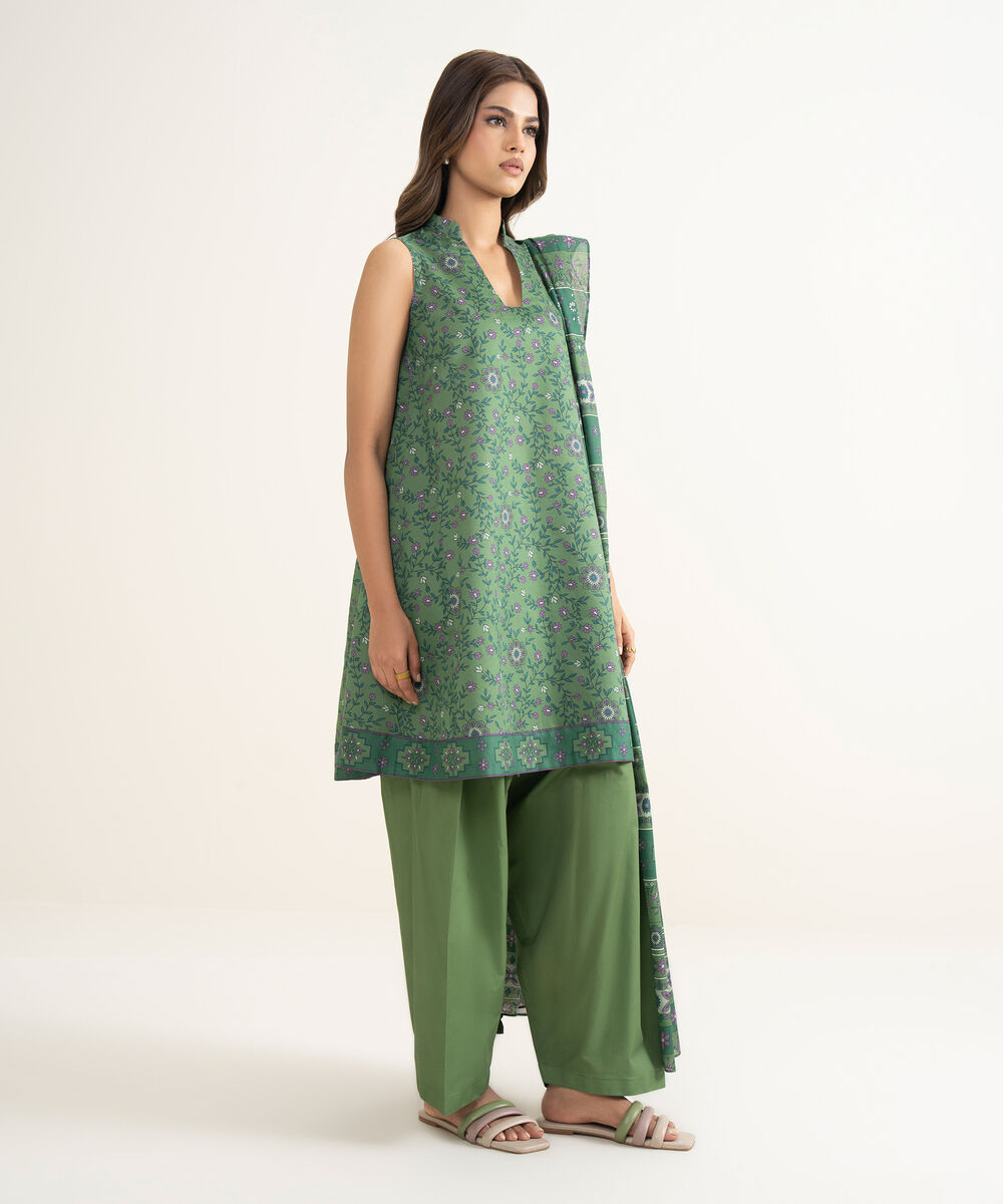 Women's Unstitched Lawn Printed Green 3 Piece Suit
