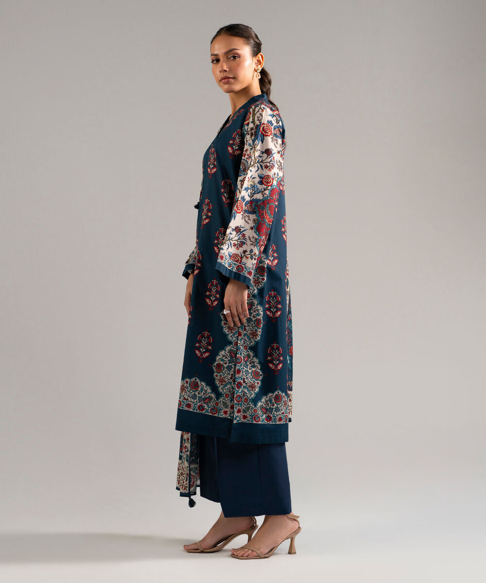 Women's RTW Slub Lawn Printed Blue 3 Piece Suit