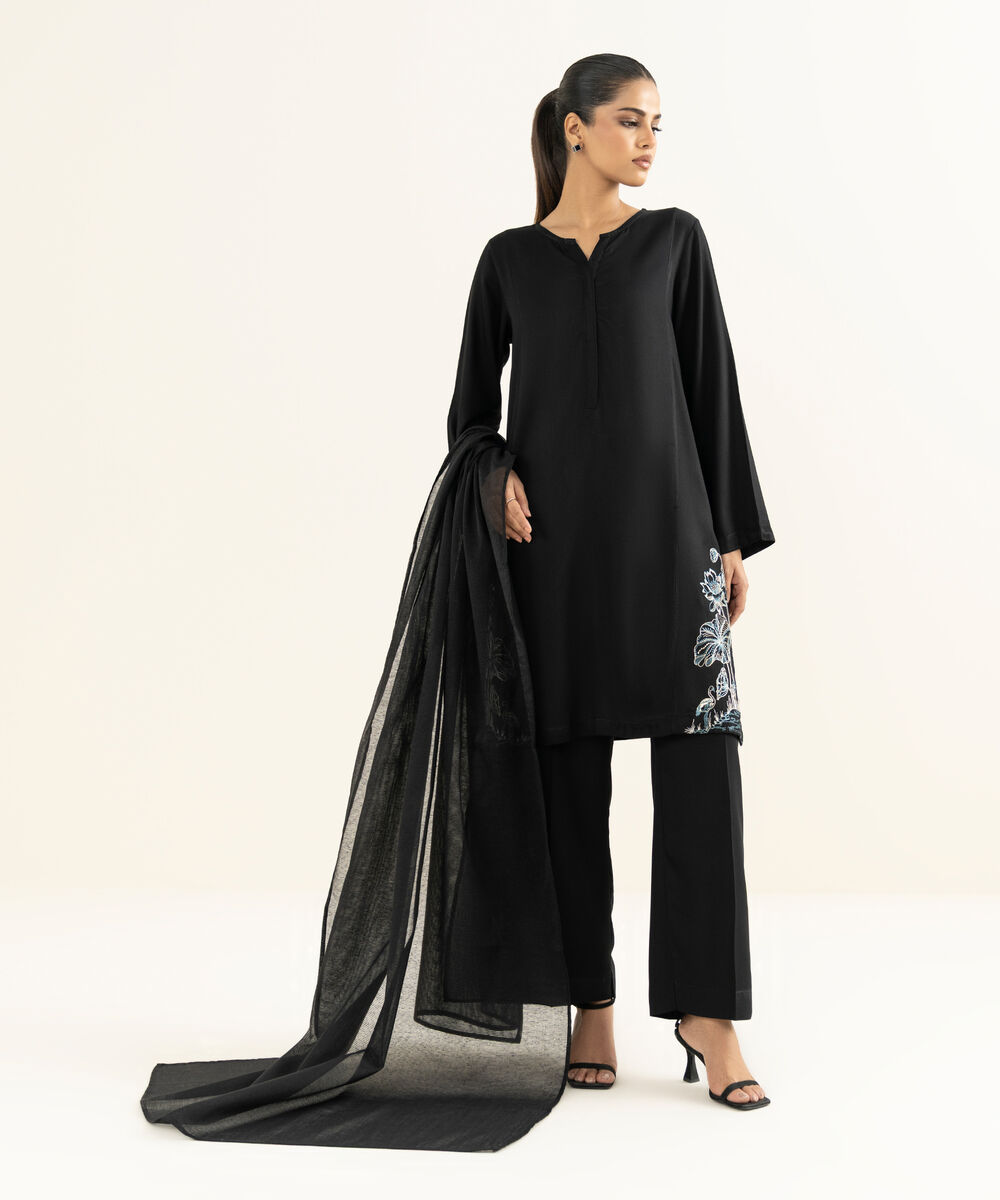 Women's RTW Bedford  Embroidered Black Straight Shirt