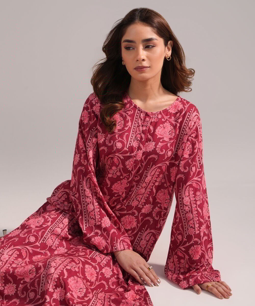 Women's RTW Arabic Lawn Printed Dark Pink A-Line Shirt