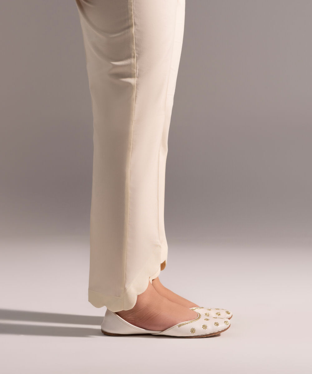 Women's RTW Cotton Viscose Solid Off White Straight Pants