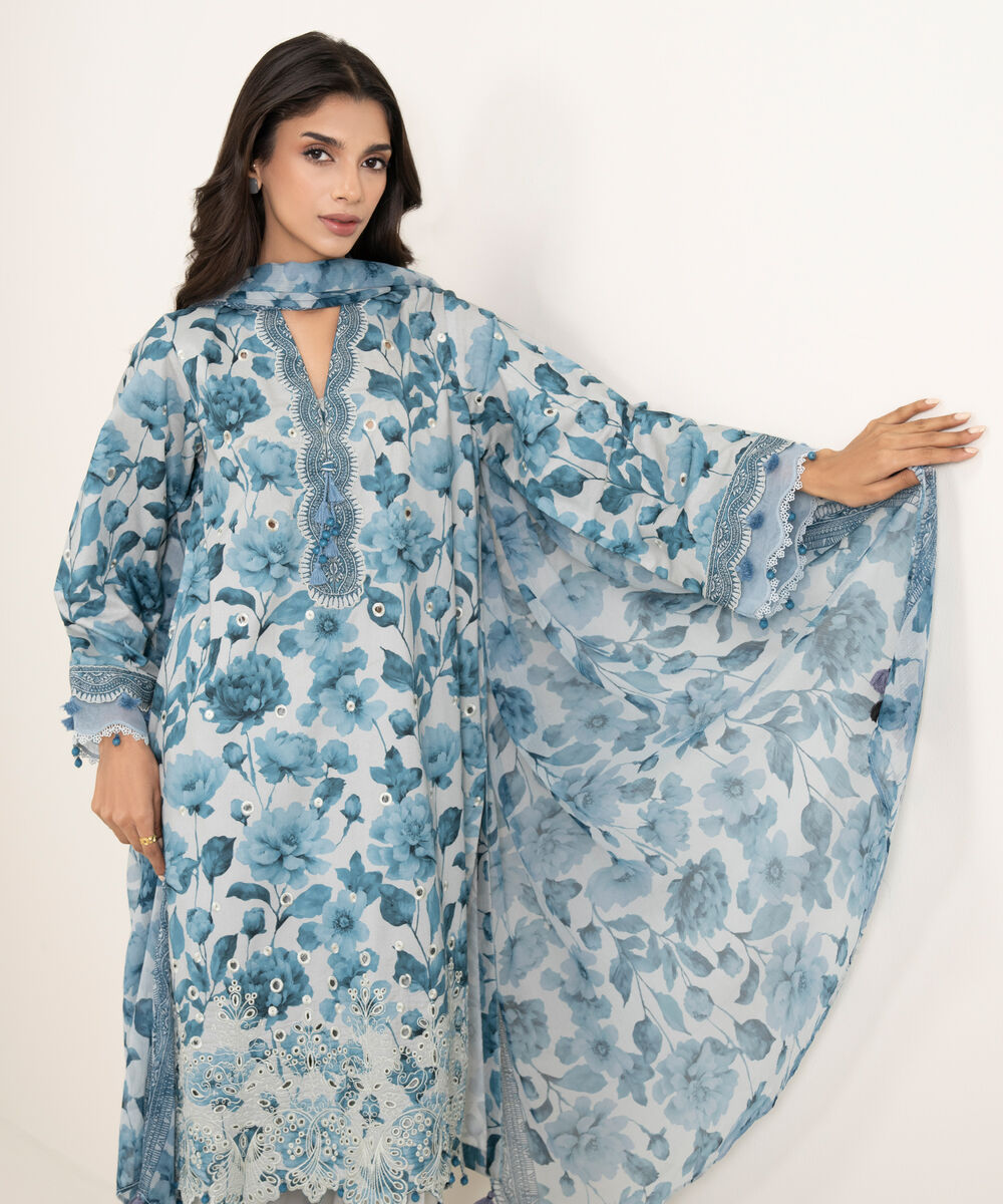 Women's Unstitched Lawn Embroidered Blue 3 Piece Suit