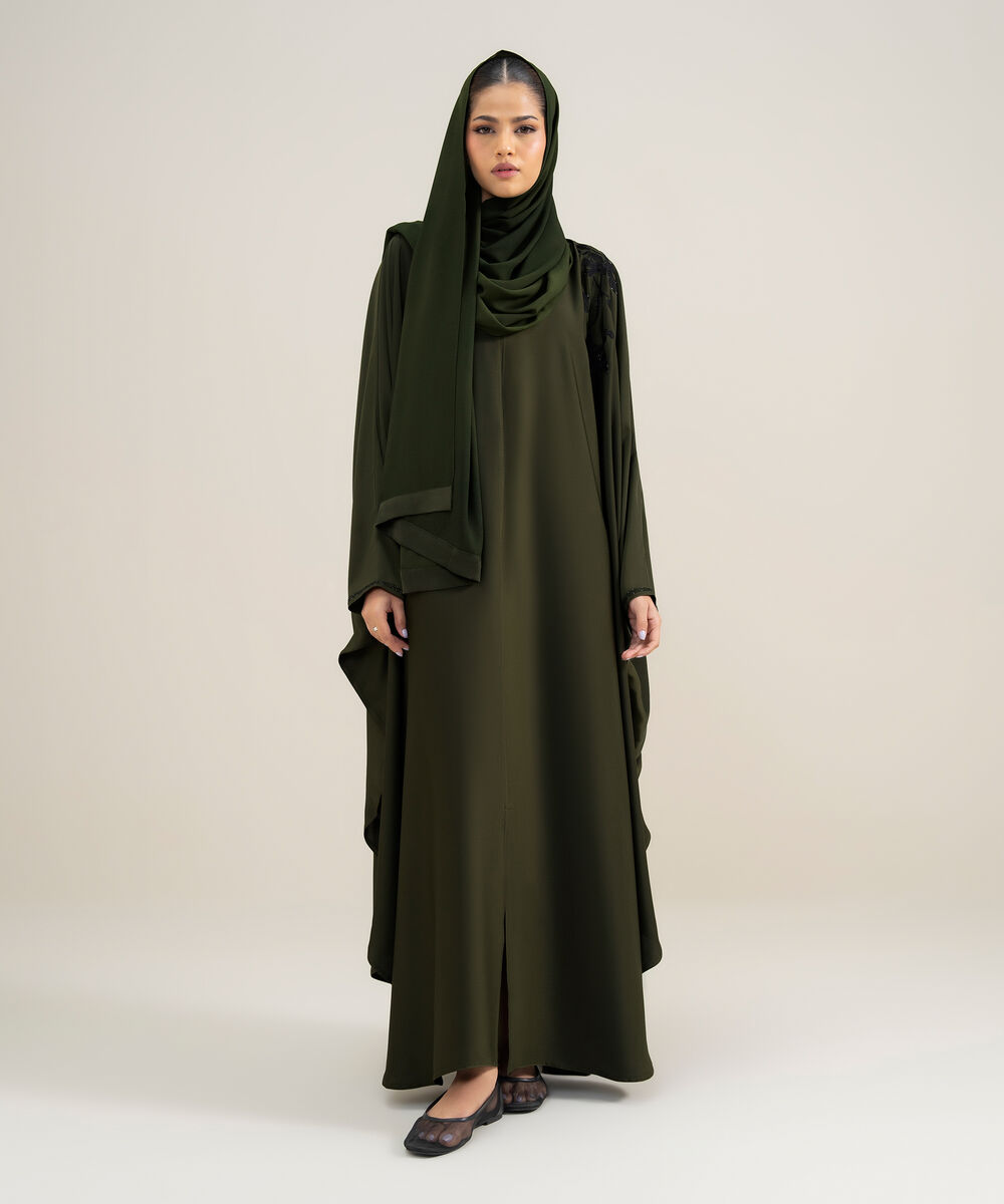 Women's Polyester Green Embellished Cape Abbaya Set