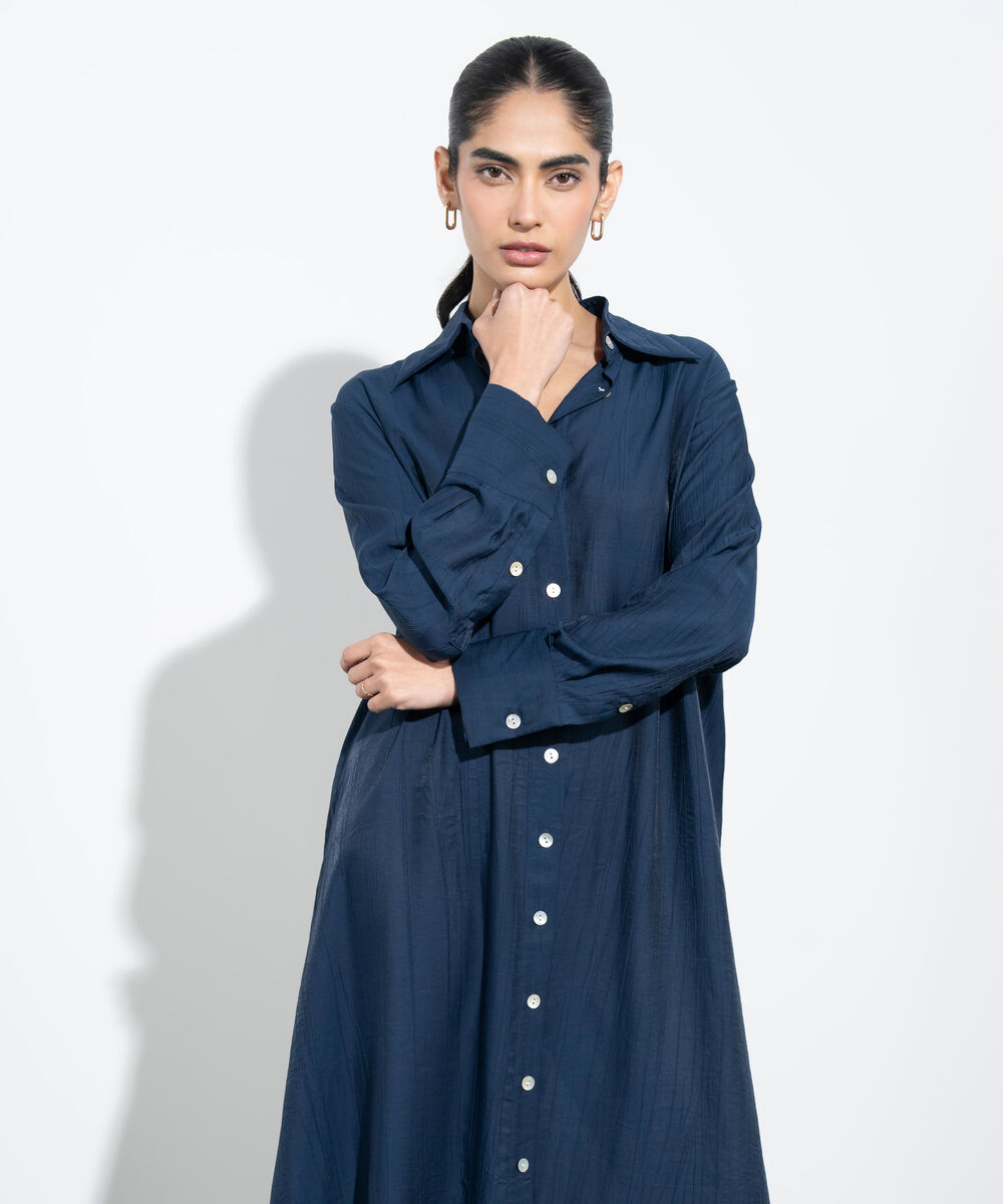 Women's Western Navy Textured Button Through Dress