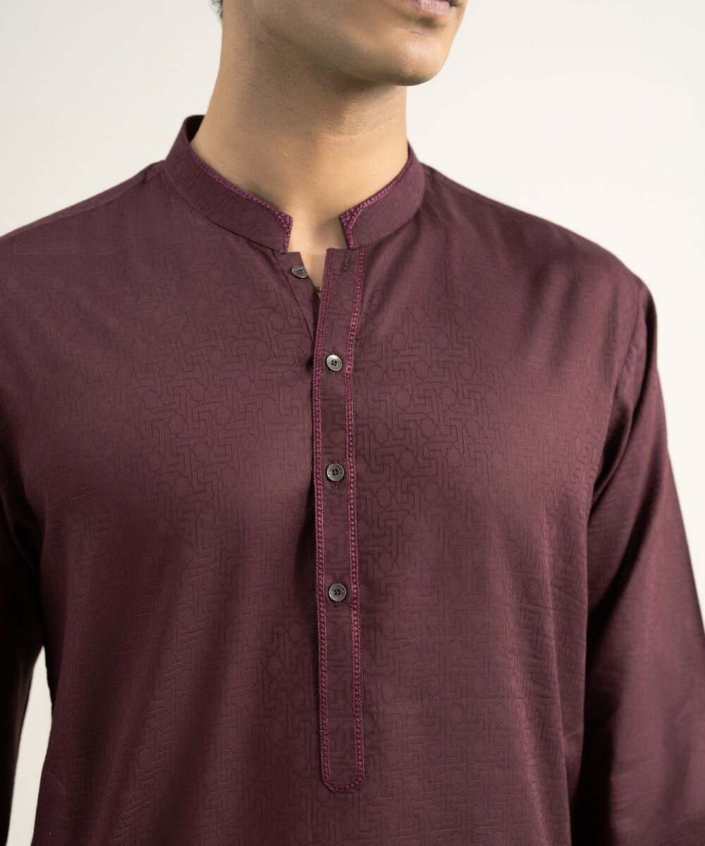 Men's Stitched Cotton Jacquard Maroon Kurta
