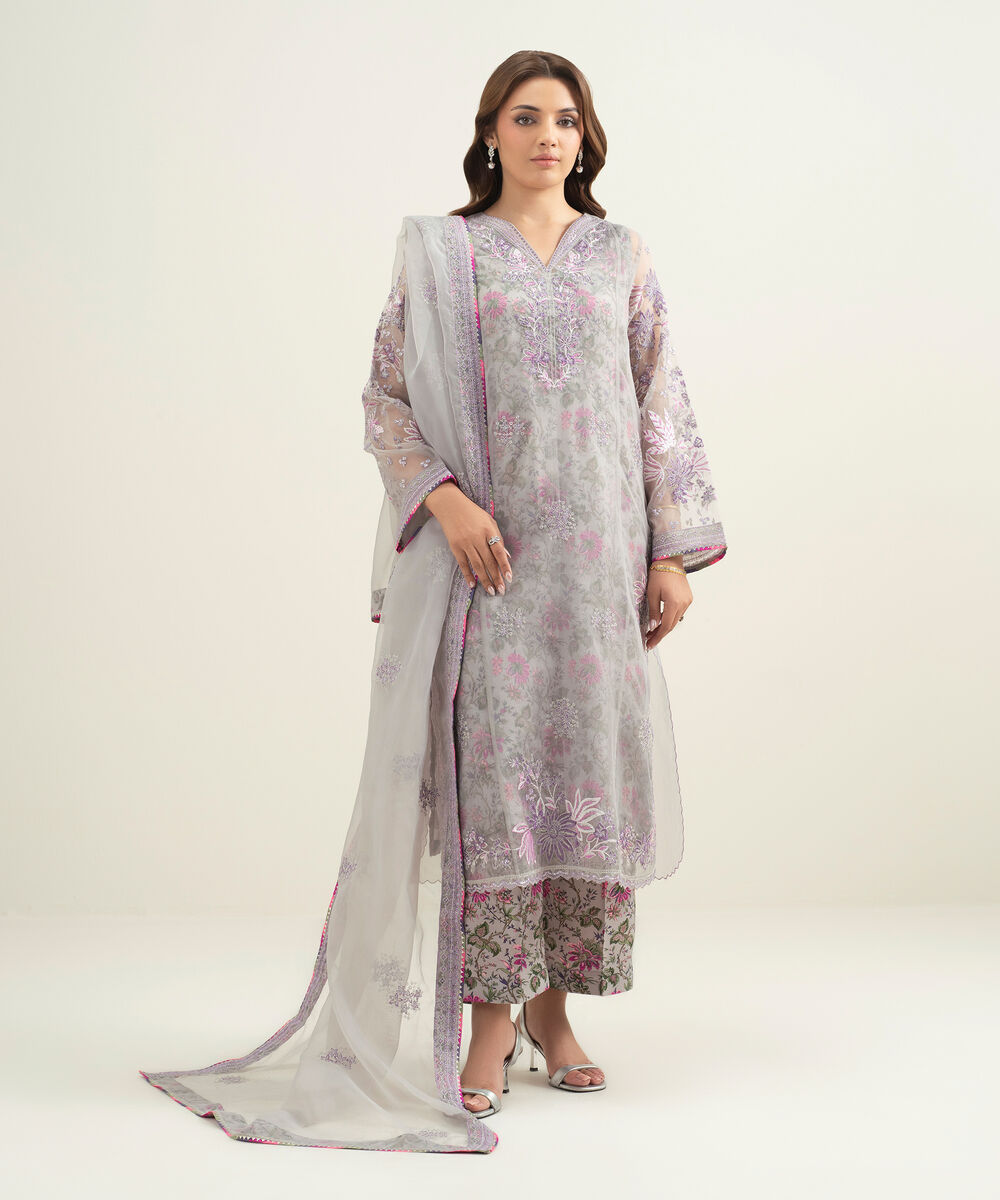 Women's RTW Blended Organza Embroidered Lilac 3 Piece Suit