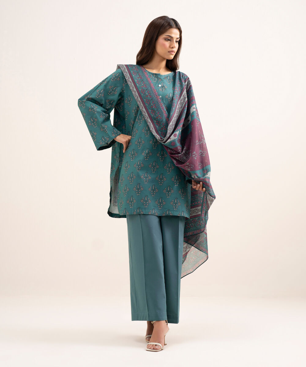 Women's RTW Cambric Printed Green 3 Piece Suit