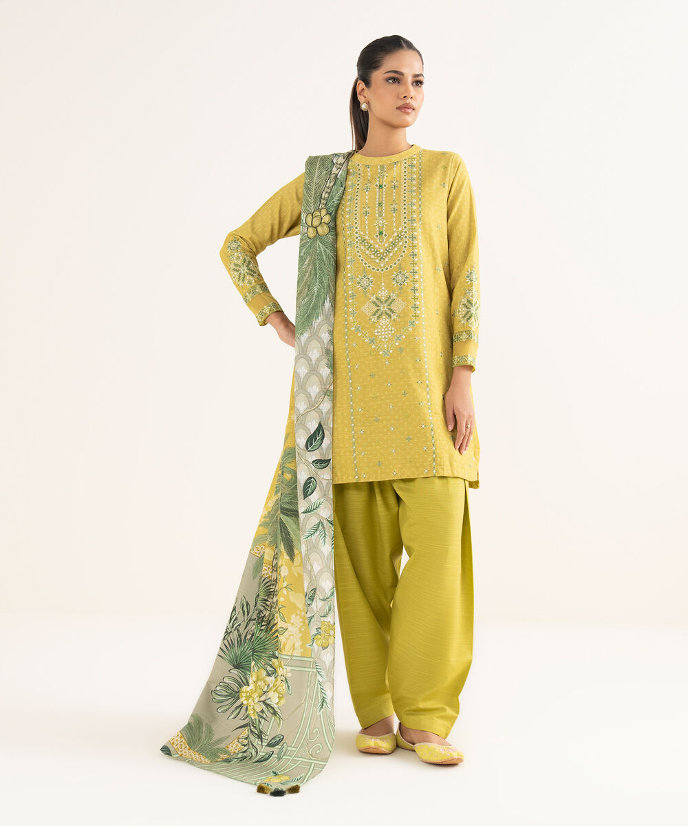 Women's Unstitched Khaddar Embroidered Yellow 3 Piece Suit
