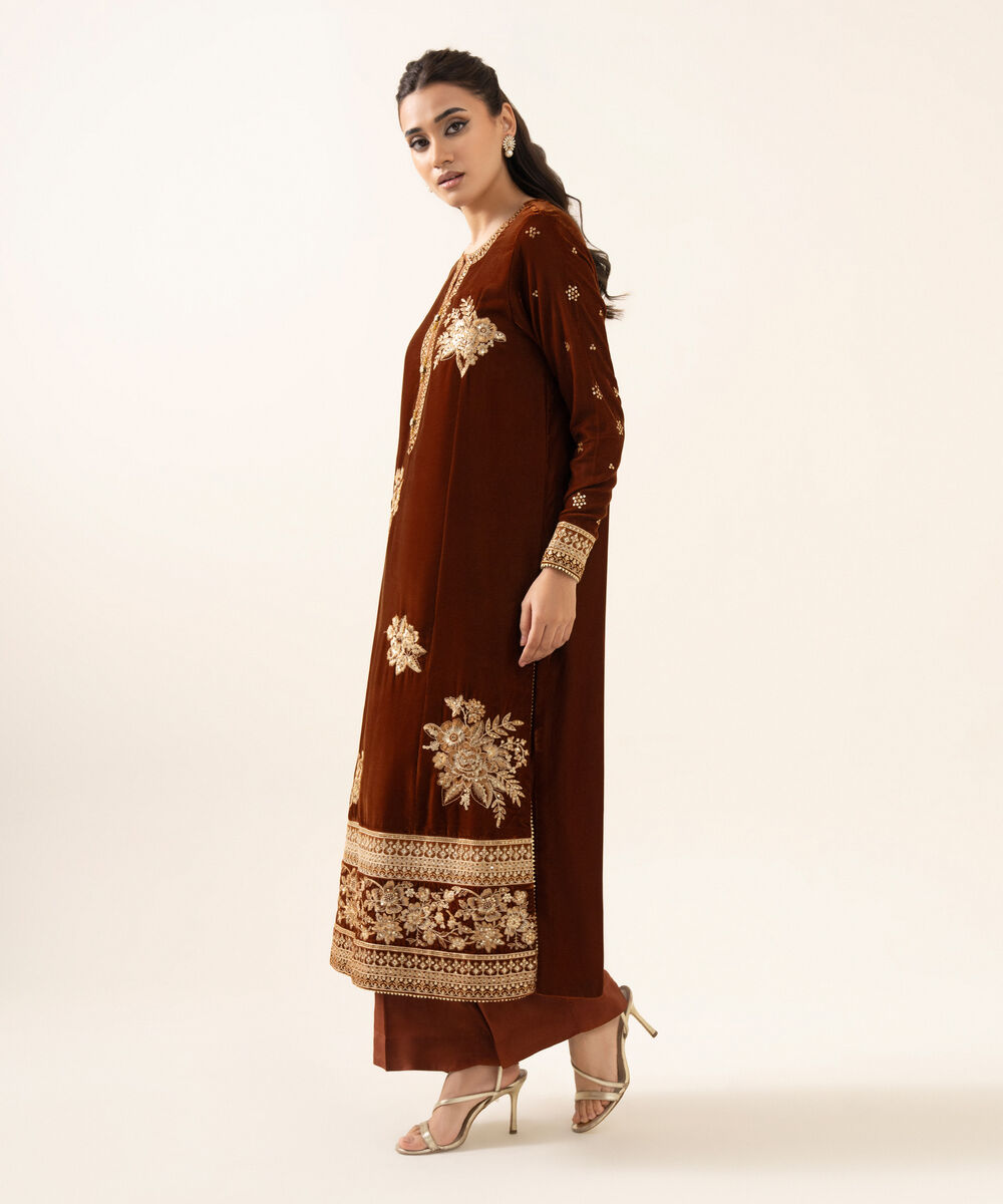 Women's RTW Velvet Embroidered Brown A-Line 2 Piece Suit