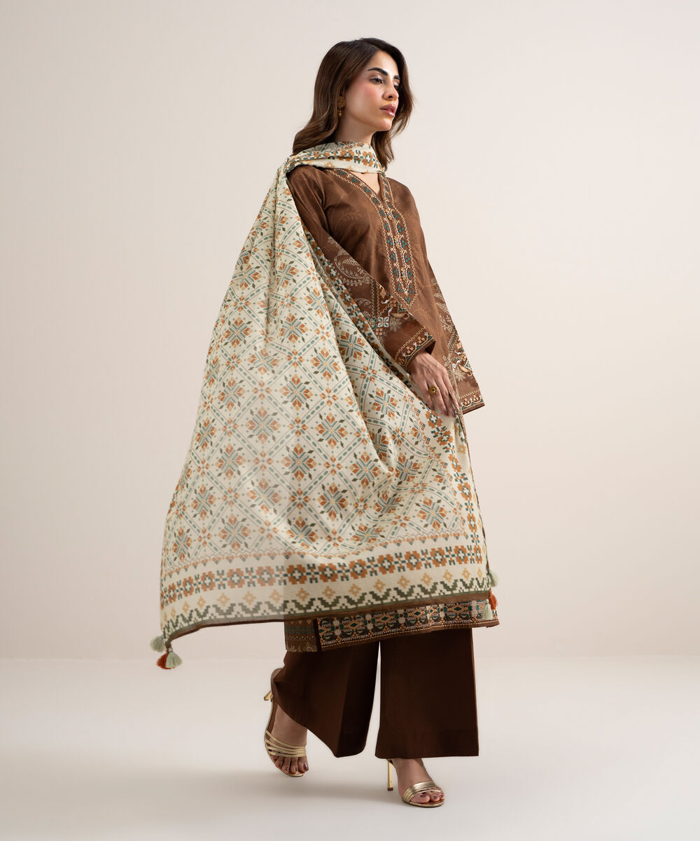 Women's Unstitched Lawn Embroidered Brown 3 Piece Suit