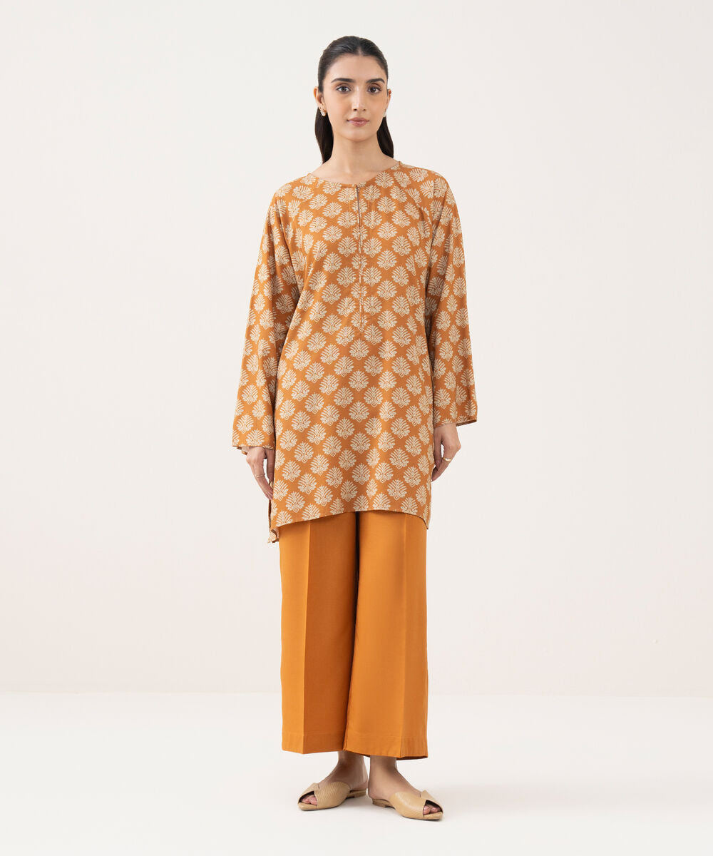 Women's RTW Linen Viscose Printed Rust Straight Shirt