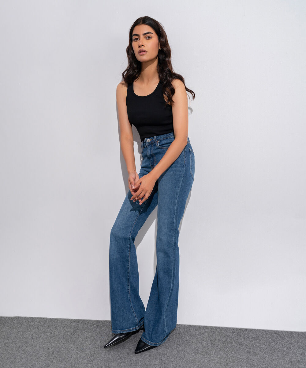 Women's Western Wear Denim Flared Fit Indigo Blue - Dark Worn Jeans