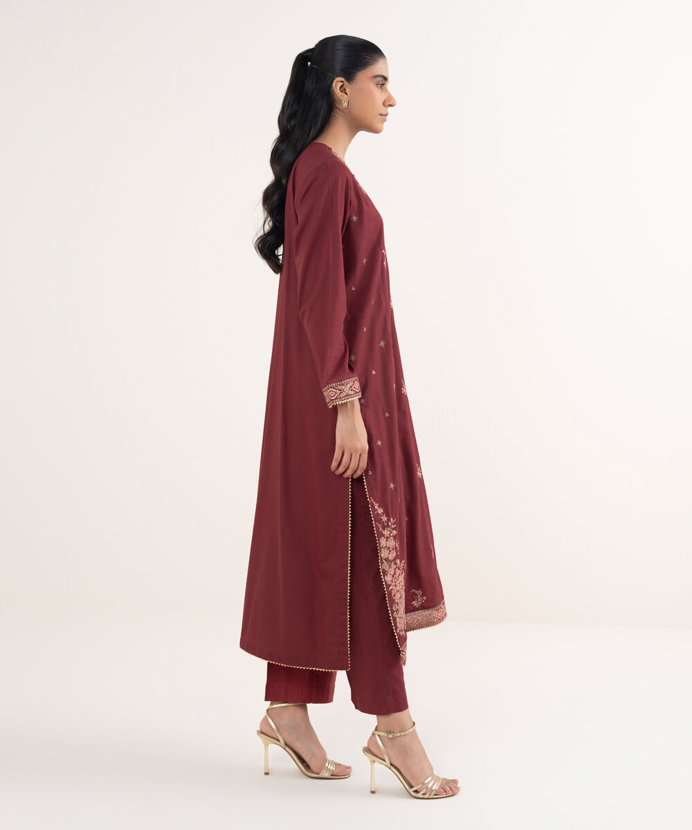 Women's RTW Cotton Viscose Embroidered Red A-Line Shirt