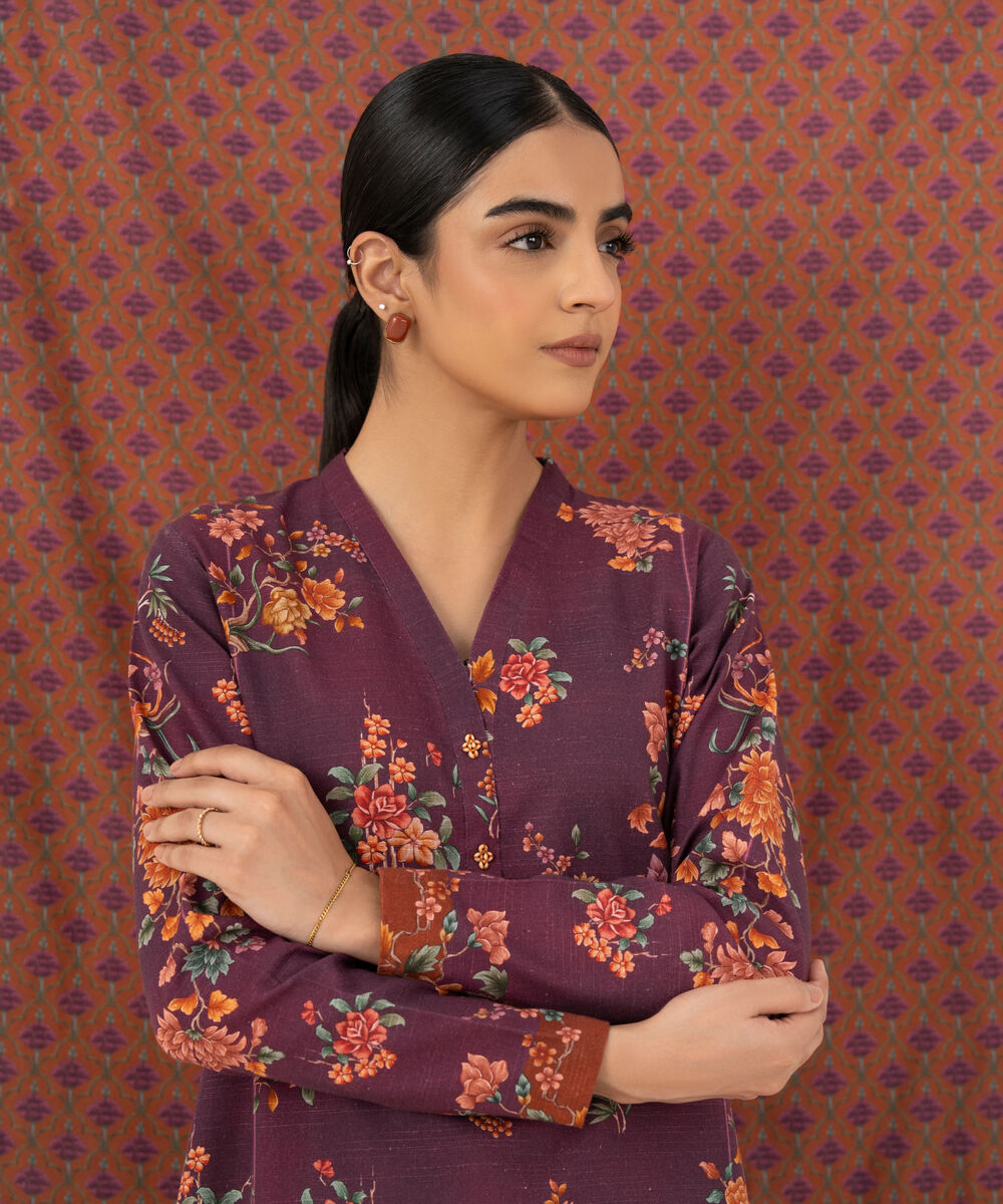 Women's Unstitched Cotton Printed Purple 3 Piece Suit