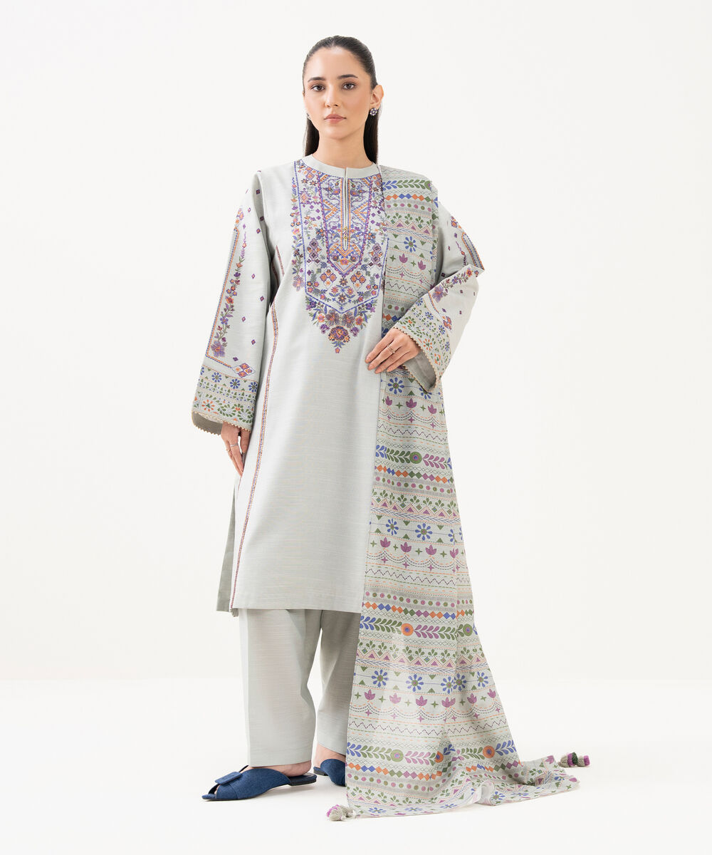 Women's Unstitched Light Khaddar Embroidered Grey 3 Piece Suit