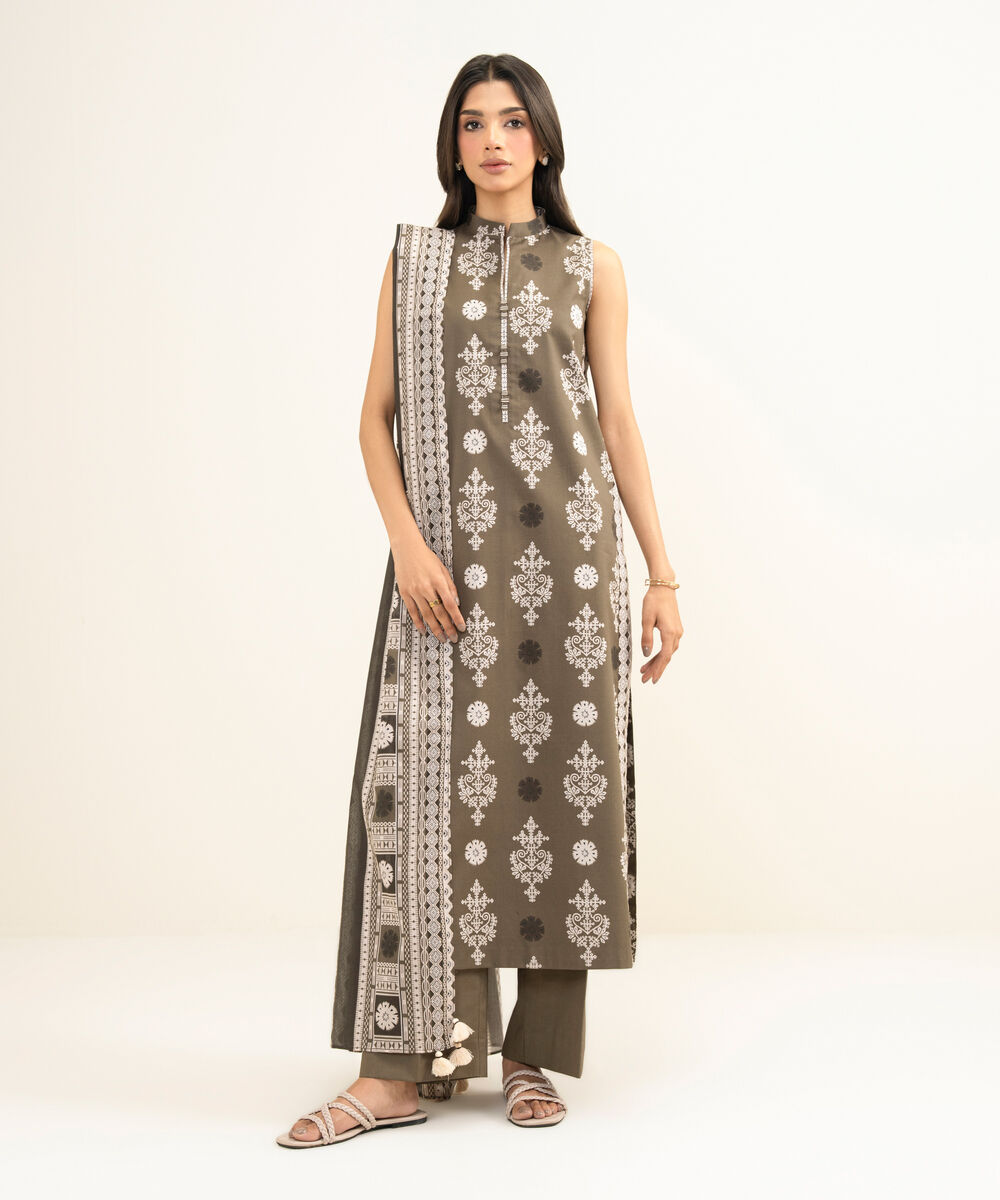 Women's Unstitched Lawn Printed Brown 3 Piece Suit