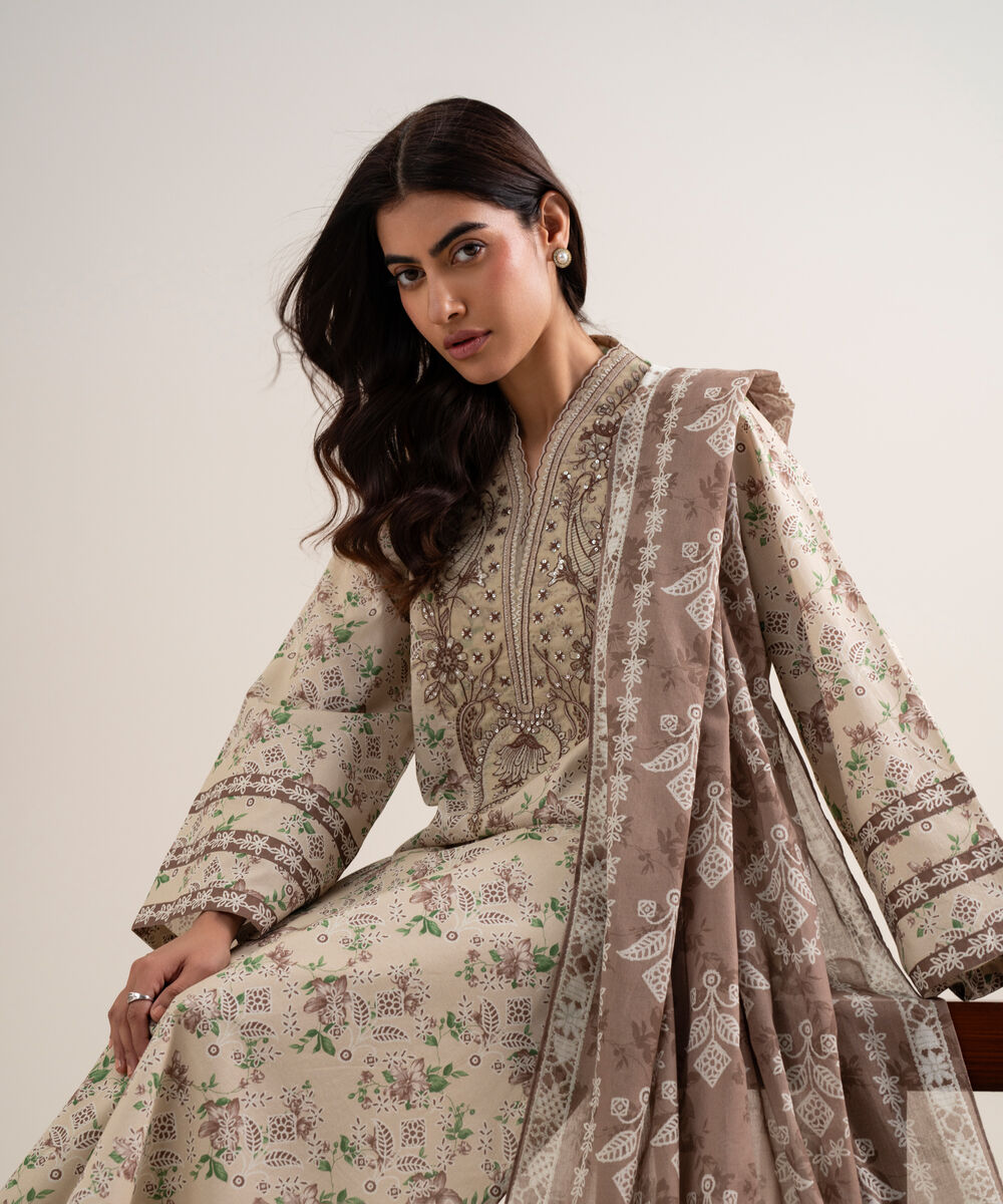 Women's Unstitched Lawn Embroidered Light Beige 3 Piece Suit