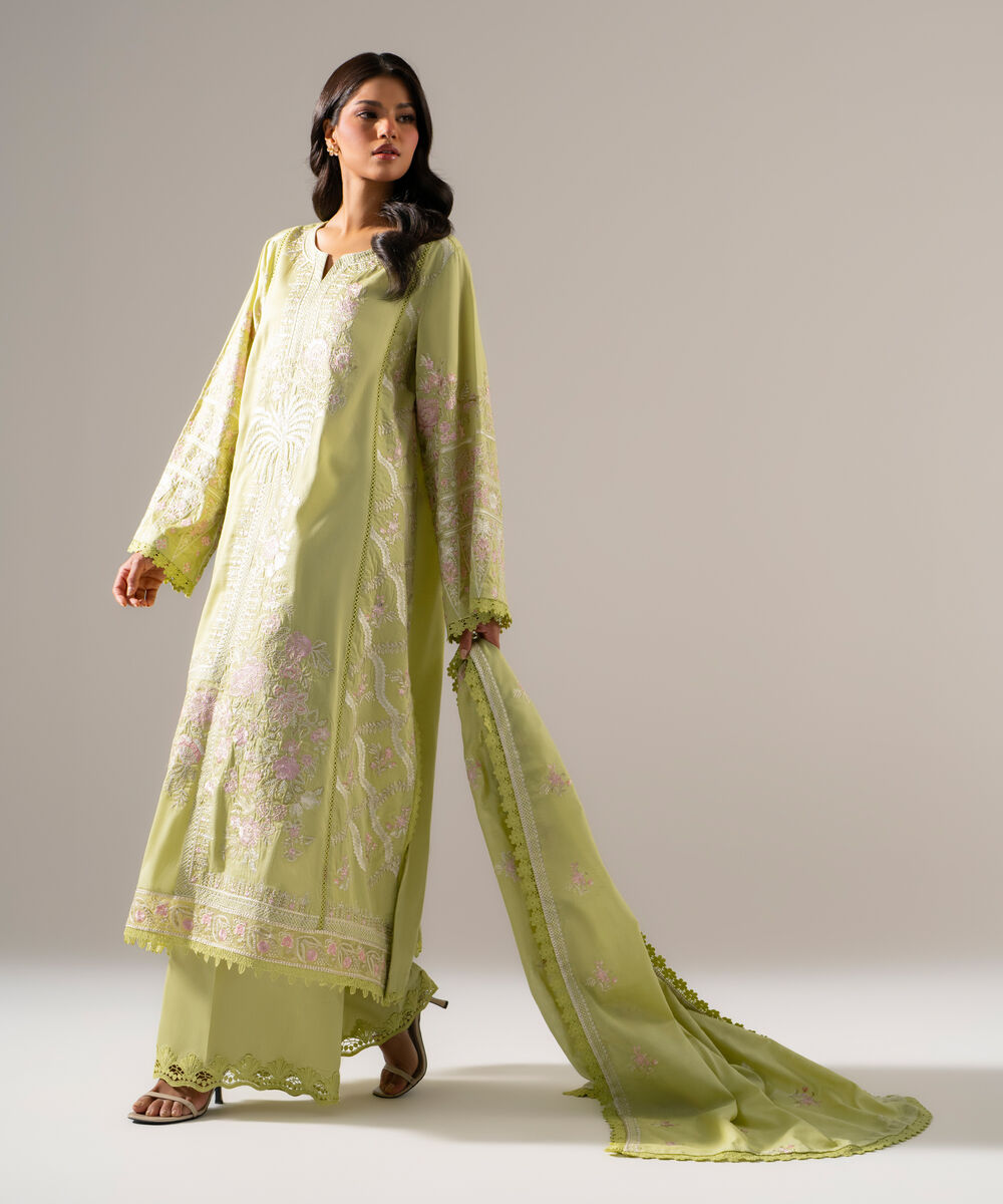 Women's RTW Cotton Satin Solid Embroidered Green 3 Piece Suit