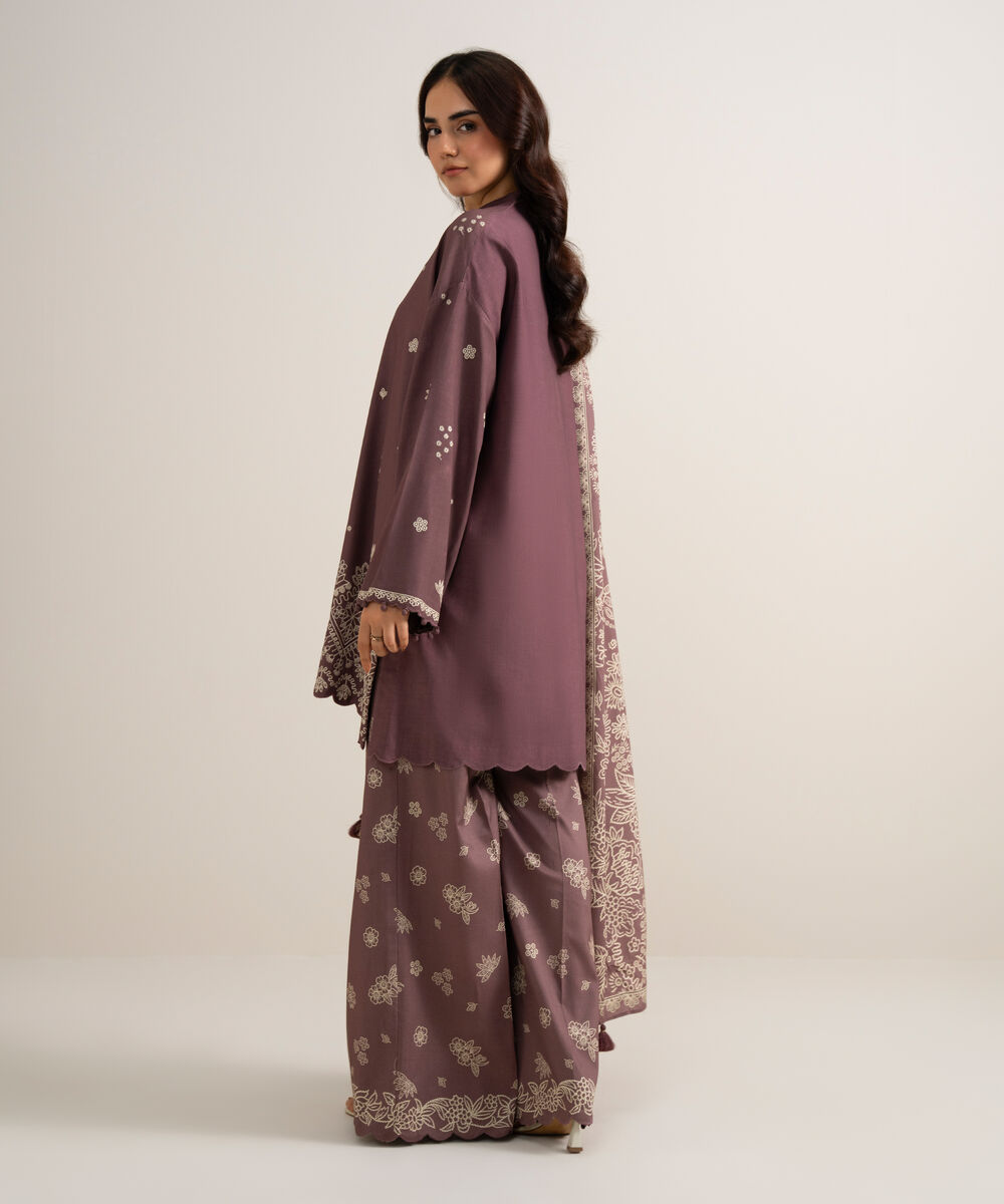 Women's Unstitched Embroidered Linen Purple 3 Piece Suit