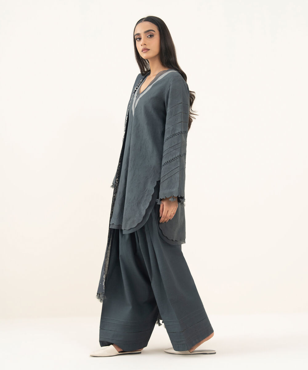 Women's Unstitched Dyed Cotton Jacquard Grey 3 Piece Suit