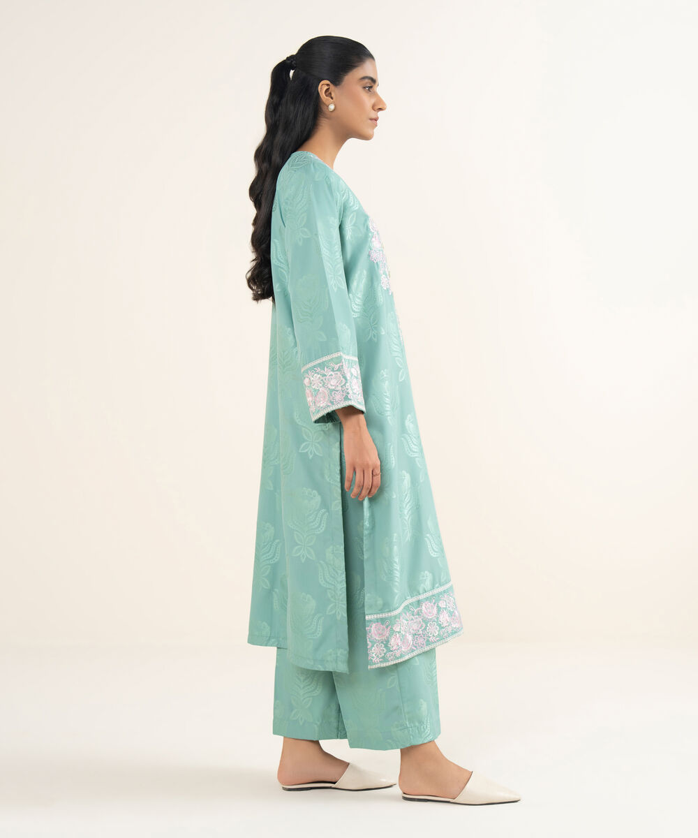 Women's RTW Jacquard Embroidered Blue A-Line Shirt