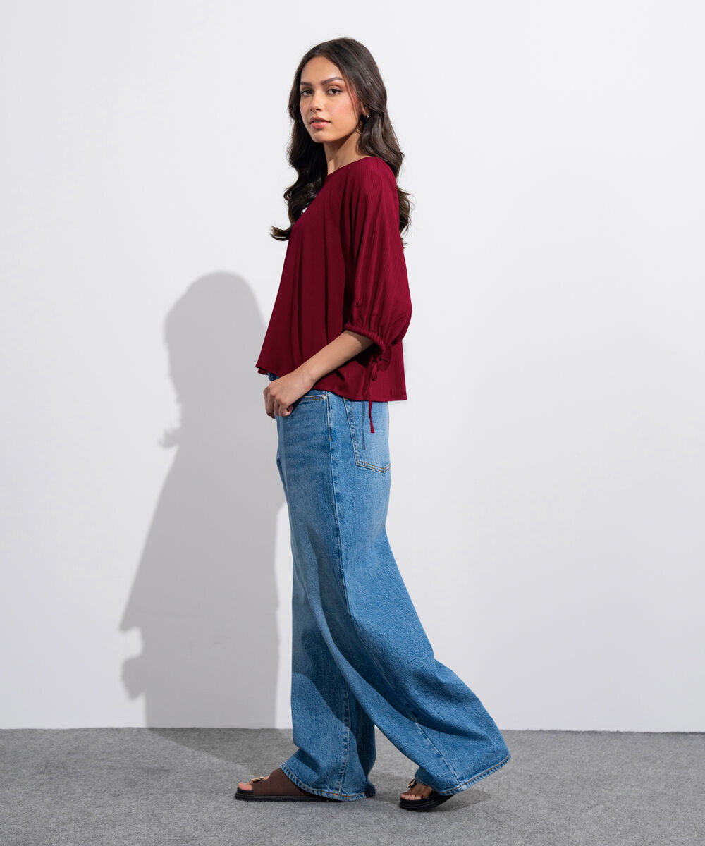 Women's Western Cherry Red  Seersucker Kimono Top