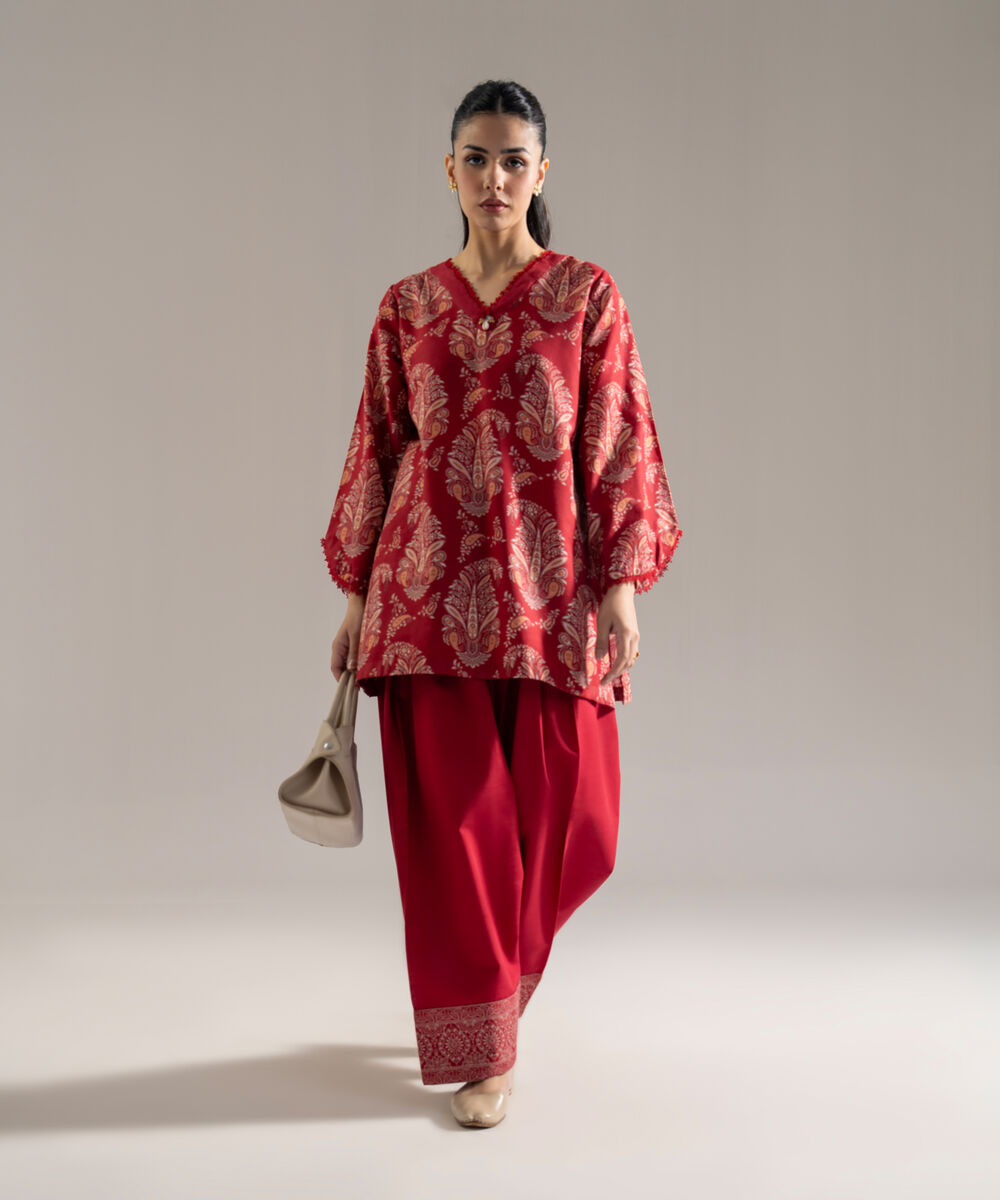 Women's RTW Khaddar Printed Maroon 2 Piece Suit