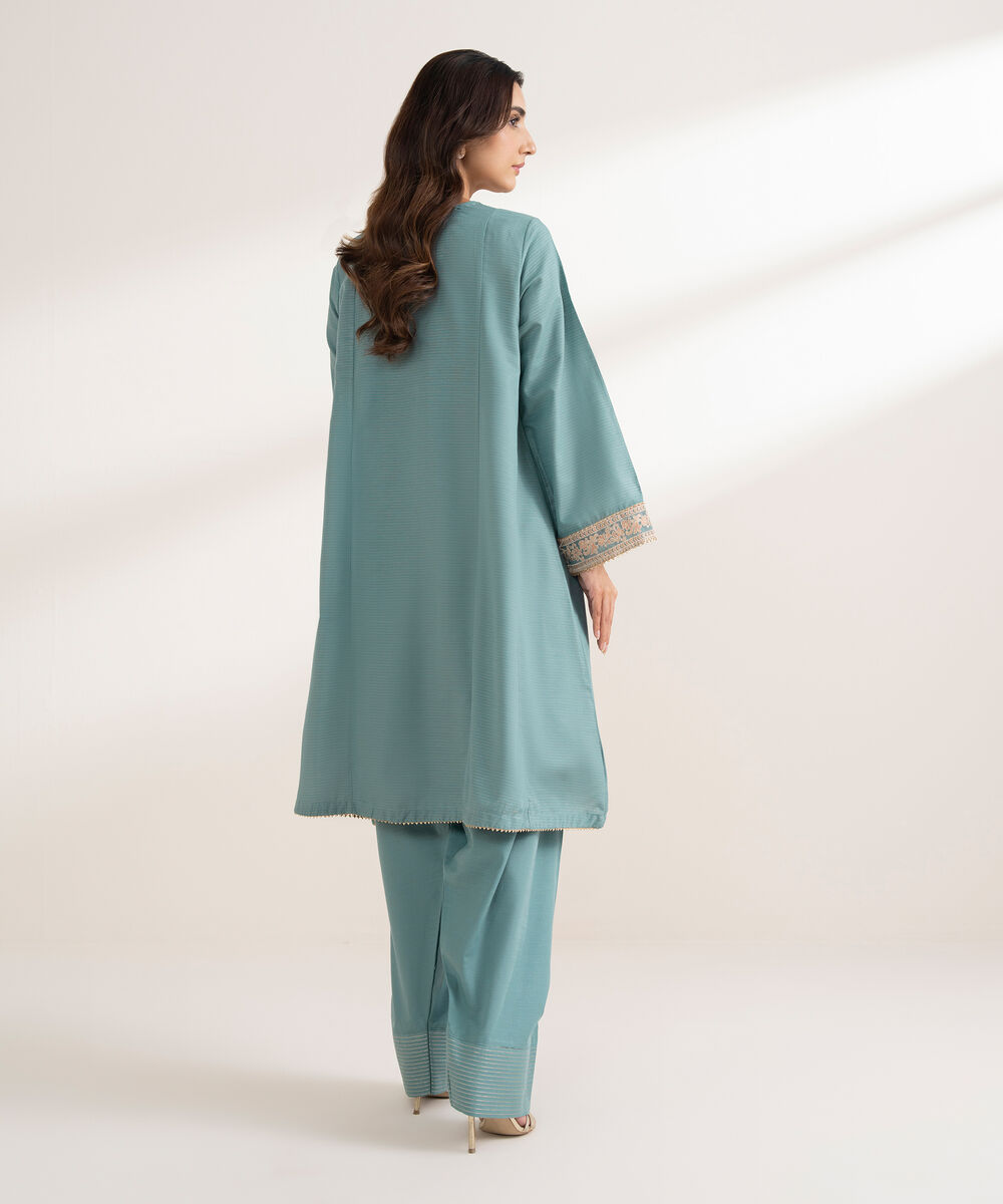 Women's RTW Zari Cotton Embroidered A-Line Blue Shirt