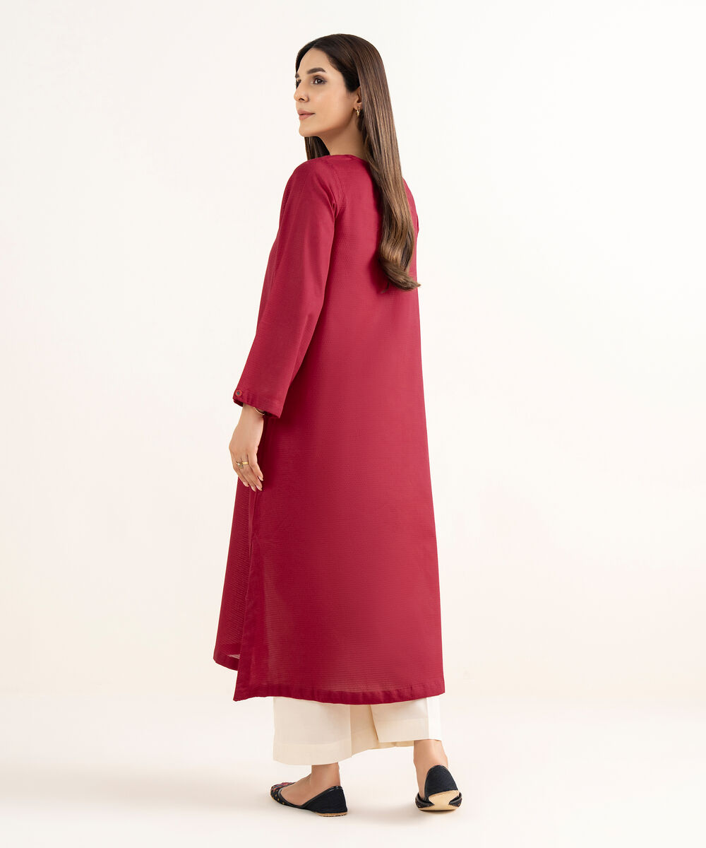 Women's RTW Textured Cotton Red  Solid A-Line Shirt