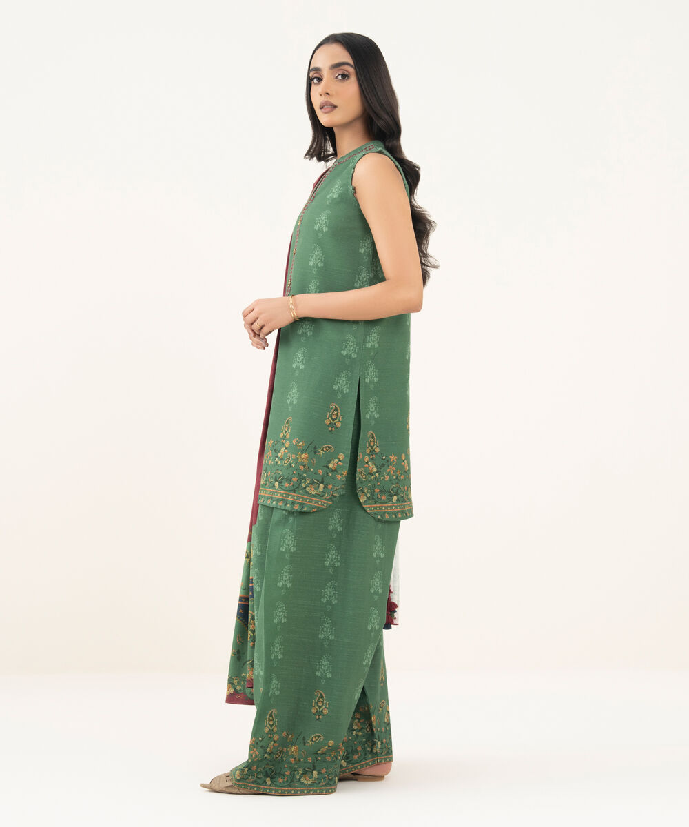 Women's Unstitched Printed Khaddar Green 3 Piece Suit