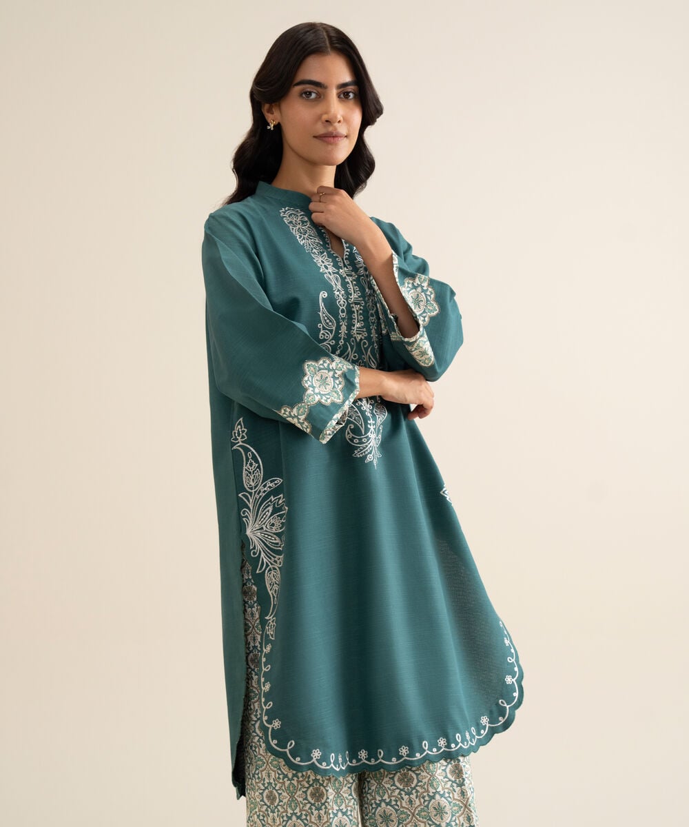 Women's Unstitched Light Khaddar Embroidered Teal Blue 2 Piece Suit