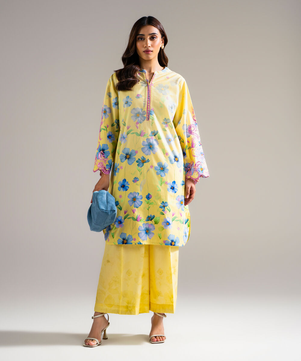 Women's RTW Lawn Embroidered Pale Yellow Straight Shirt